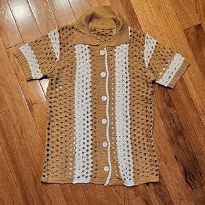 Crochet Tan and White Button Down Shirt Size Small
